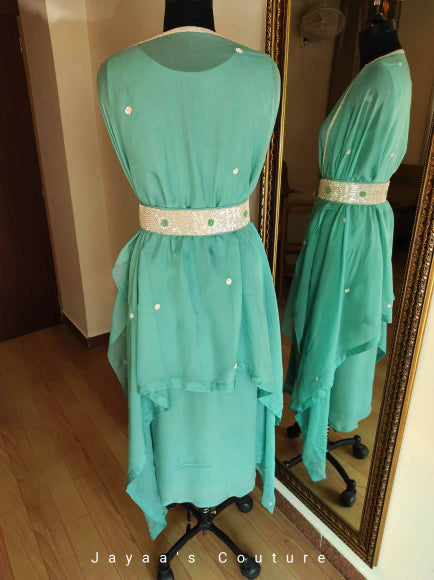 Sky green ankle dress with cape and belt