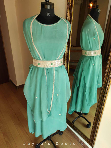 Sky green ankle dress with cape and belt