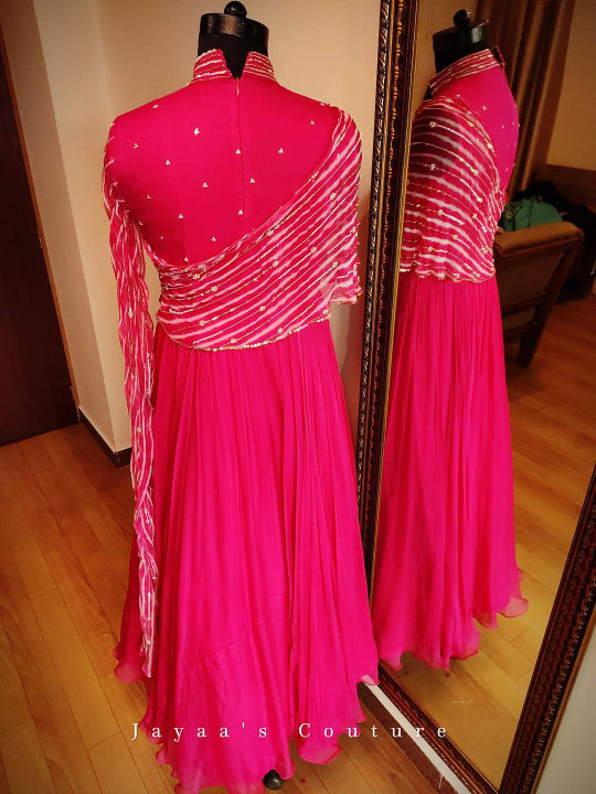 Dark pink gown with leheriya drape dupatta