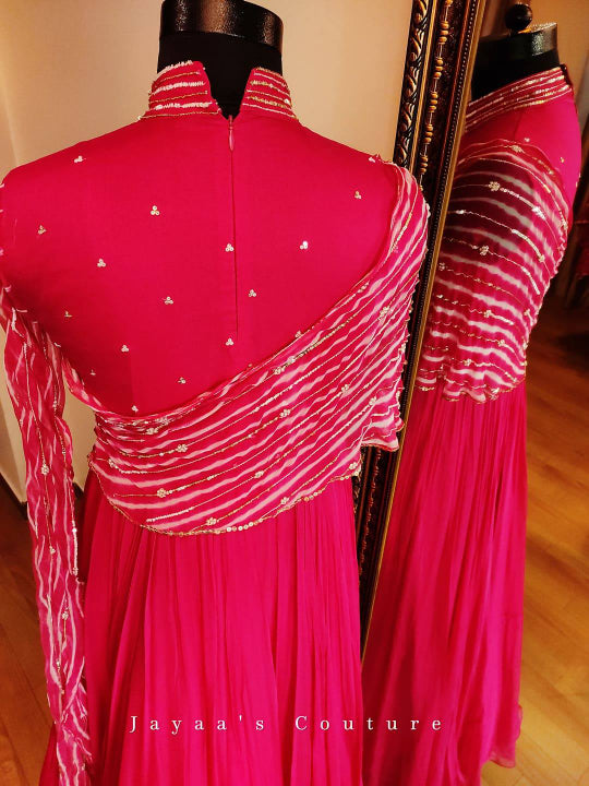 Dark pink gown with leheriya drape dupatta