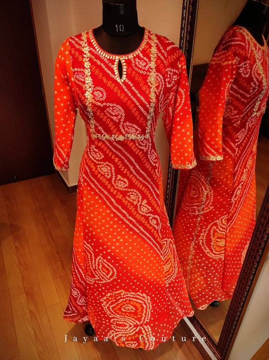 Maroon Orange shaded Bandej Gown Adorned with Gotta Patti Handwork