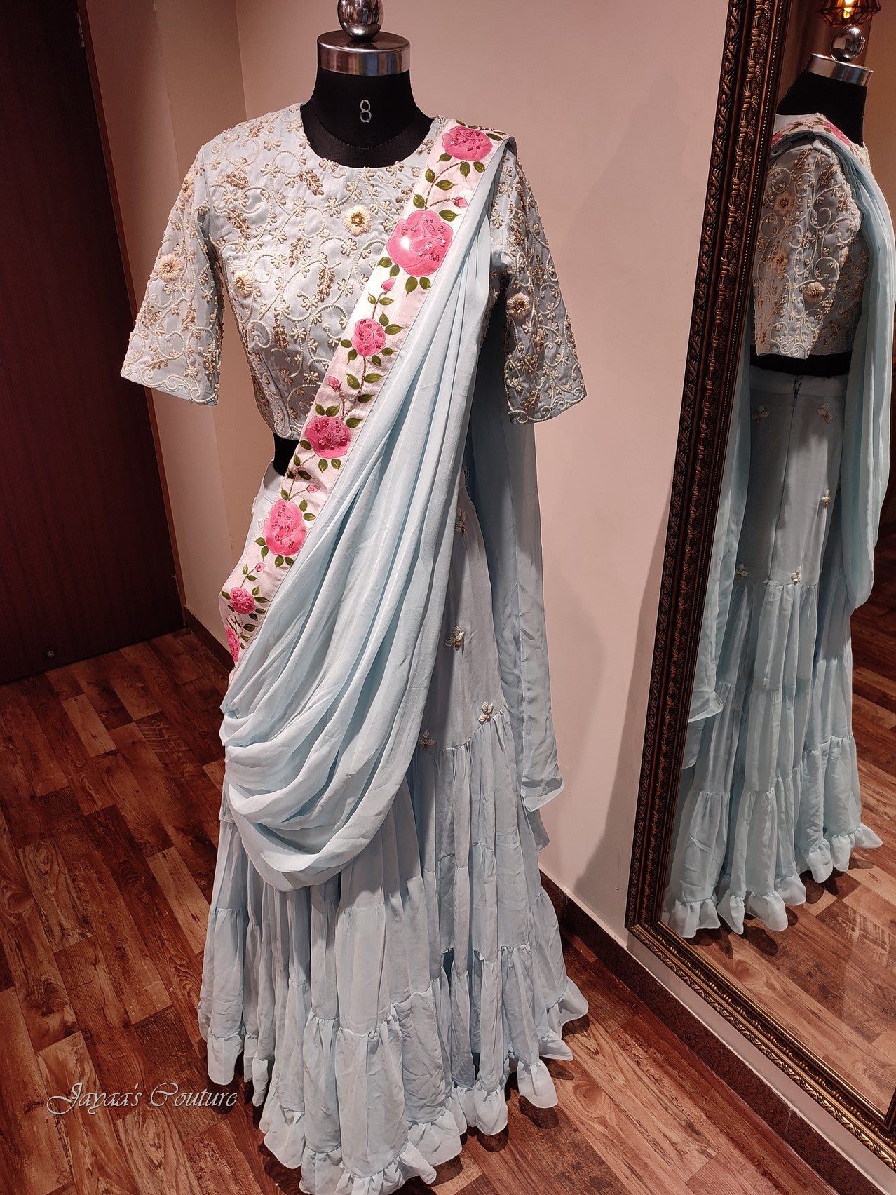 Powder blue lehenga with hand painted dupatta