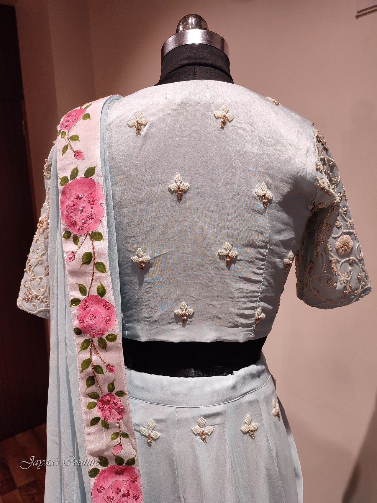 Powder blue lehenga with hand painted dupatta