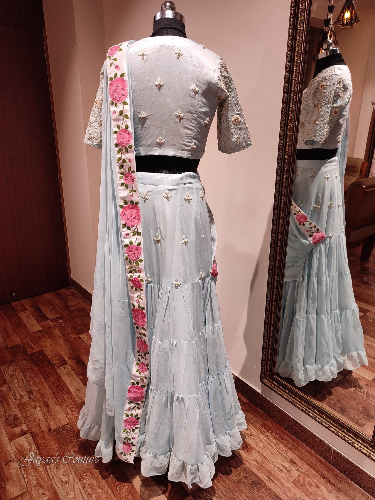 Powder blue lehenga with hand painted dupatta