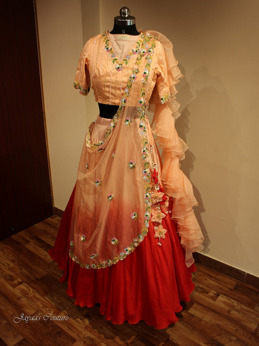 Peach Red shaded lehenga with drape dupatta