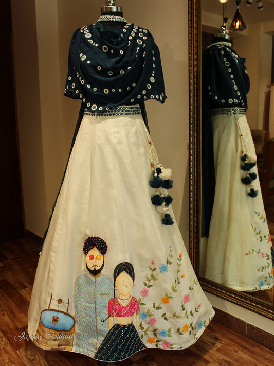 Offwhite seablue hand painted lehenga set