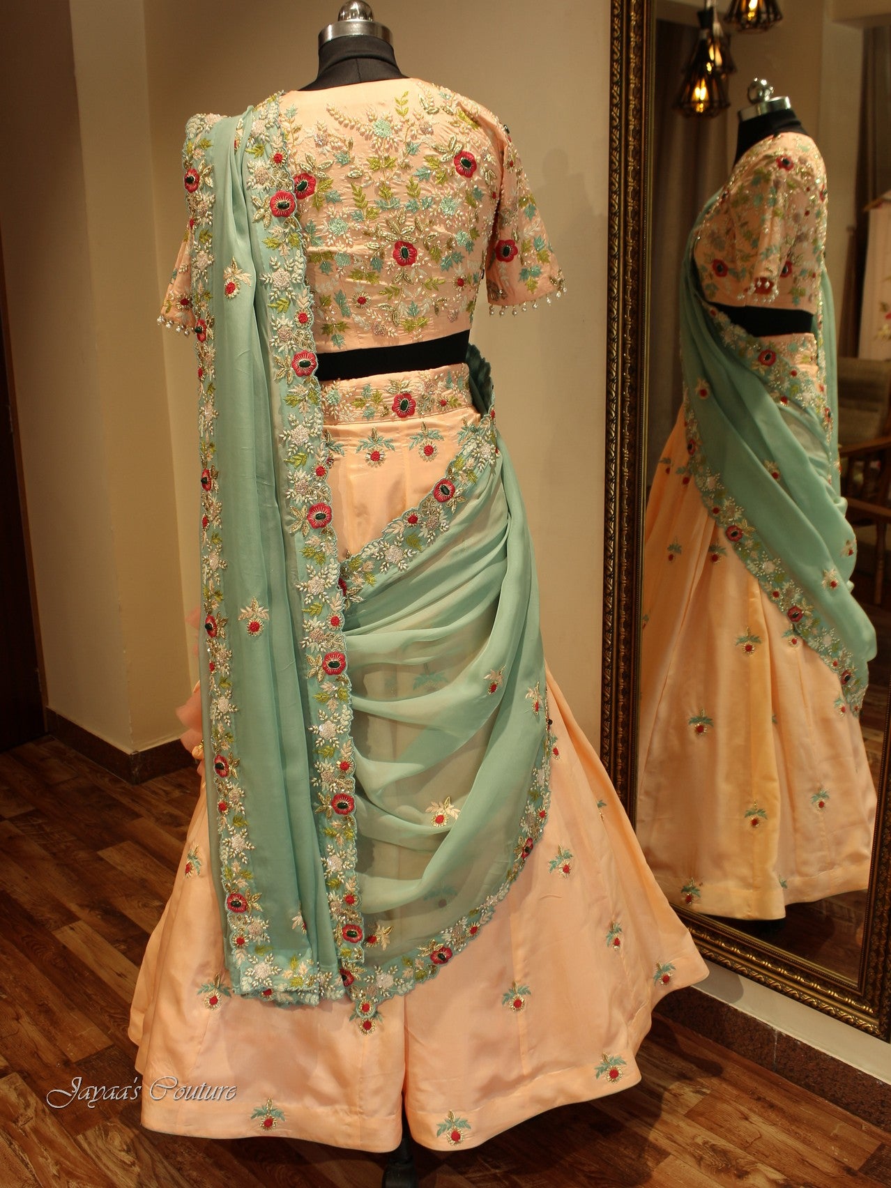 Peach lehenga blouse with sea green dupatta