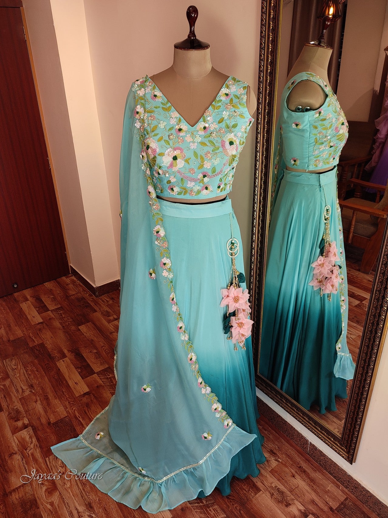 Teal green lehenga with dupatta