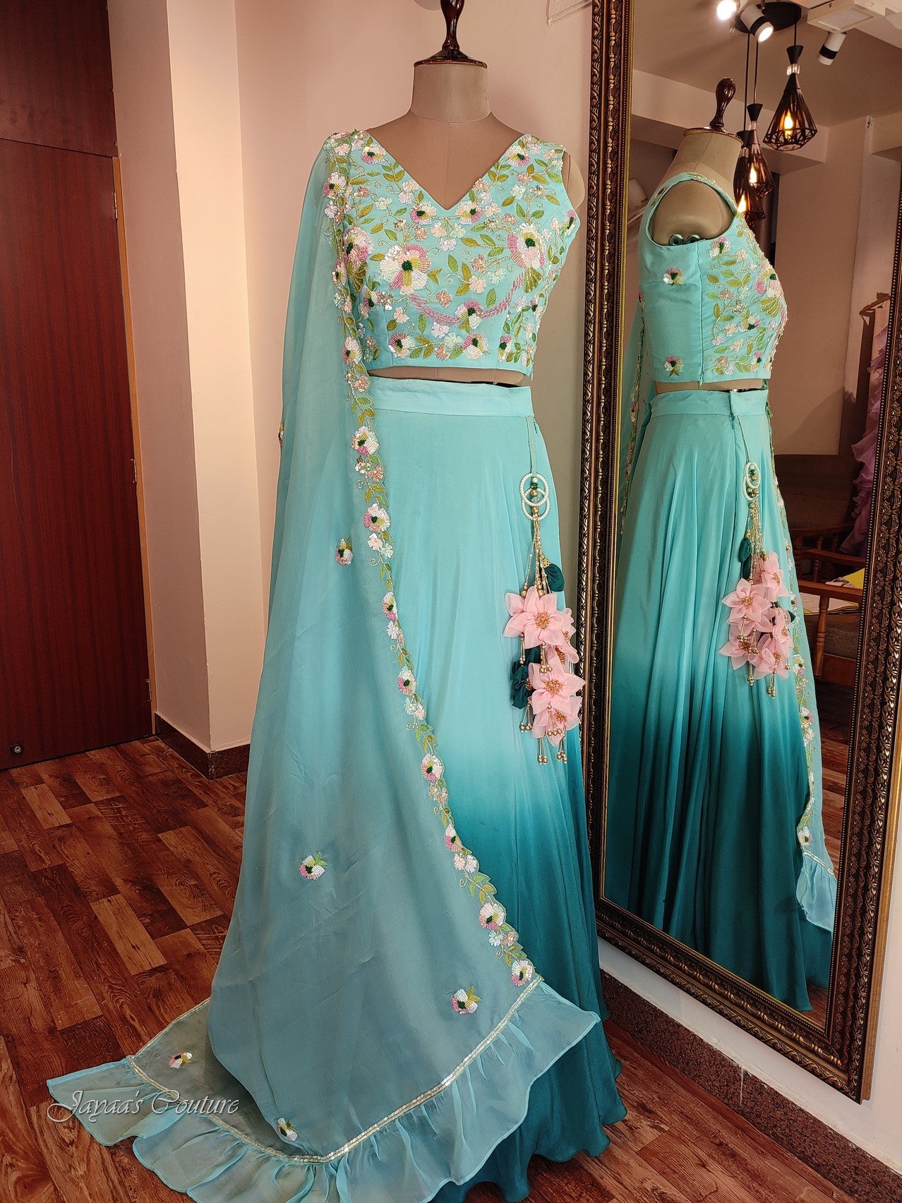 Teal green lehenga with dupatta