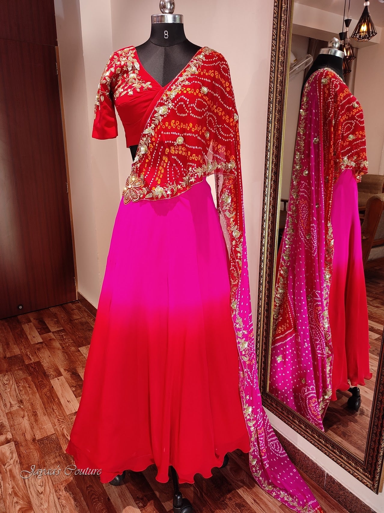 Red rani shaded lehenga set