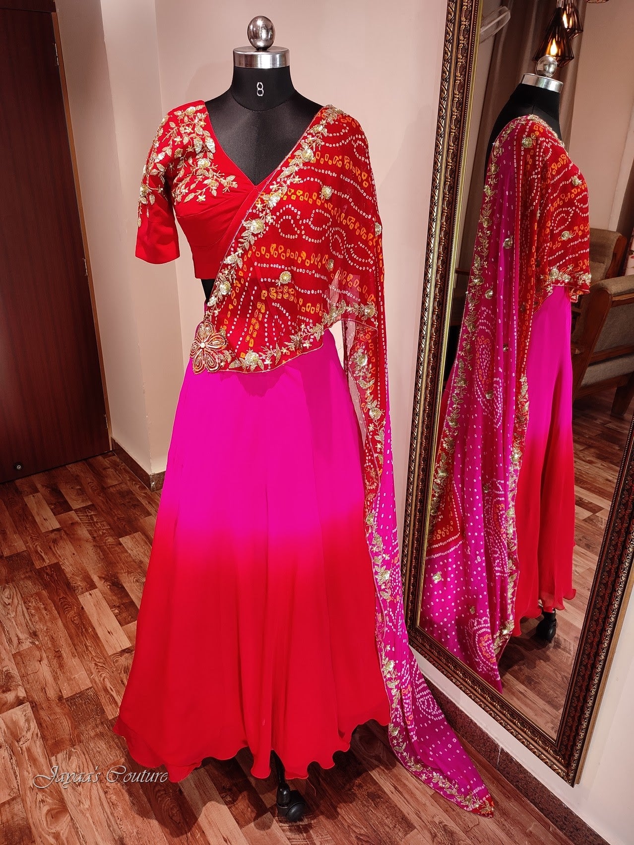 Red rani shaded lehenga set