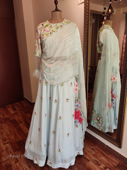 powder blue lehenga set with drape dupatta