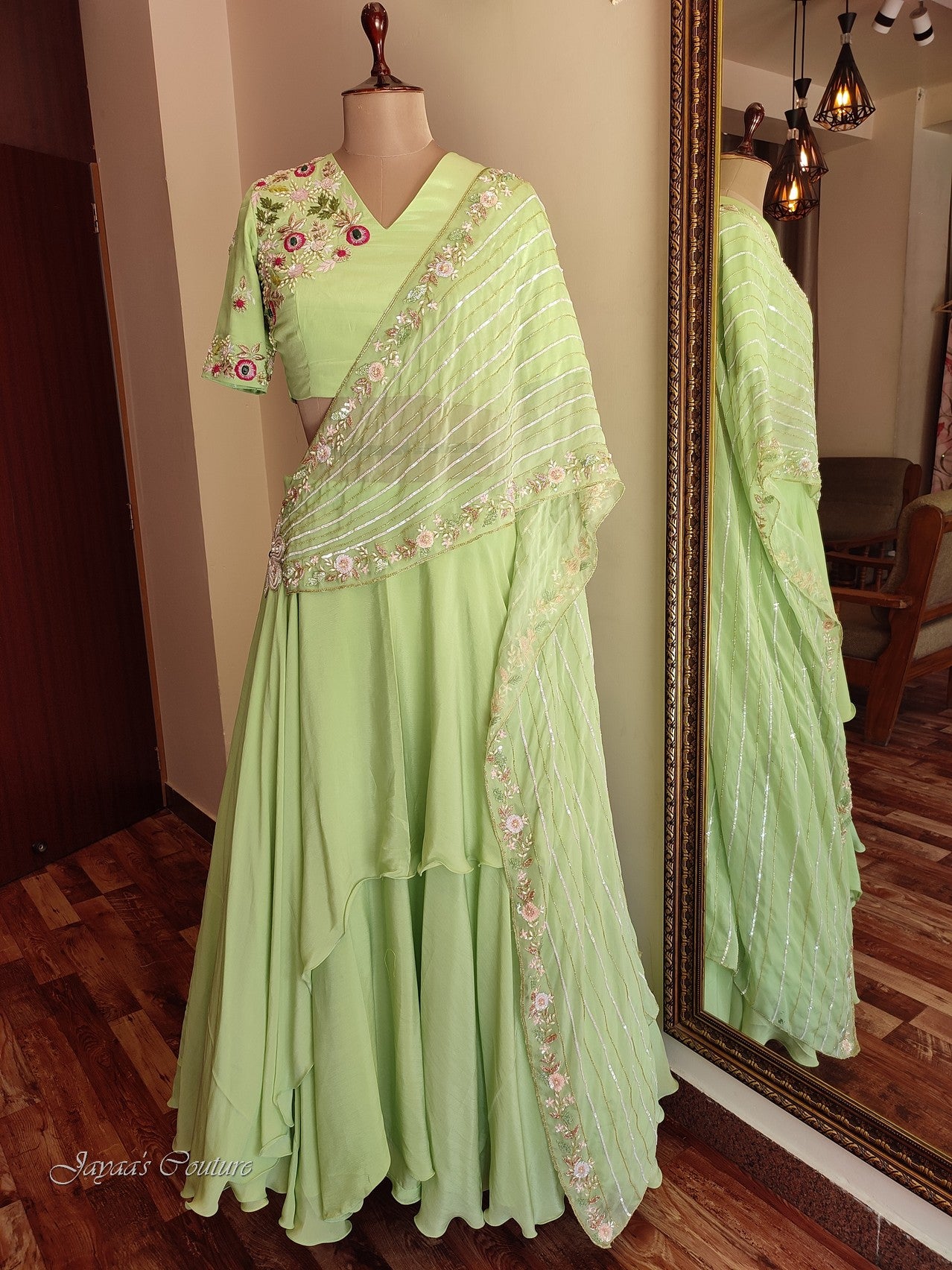 Green lehenga set with drape dupatta