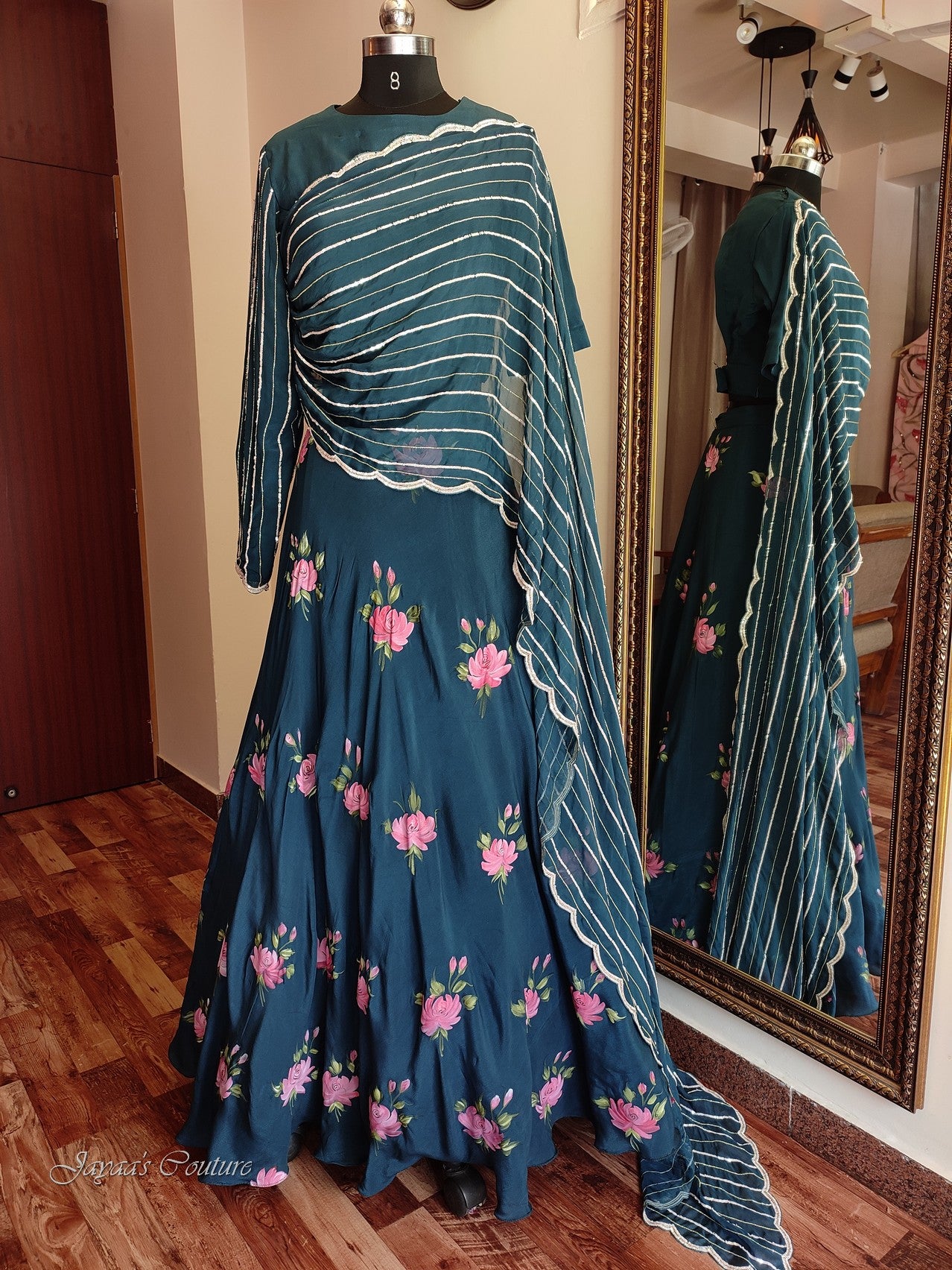 peacock blue lehenga set with drape dupatta