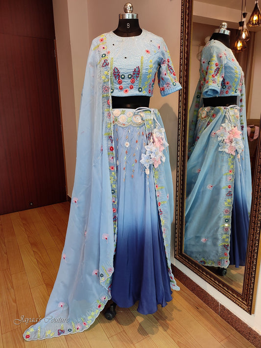 Powder Blue To Dark Blue Ombre Shaded Lehenga With Blouse & Dupatta