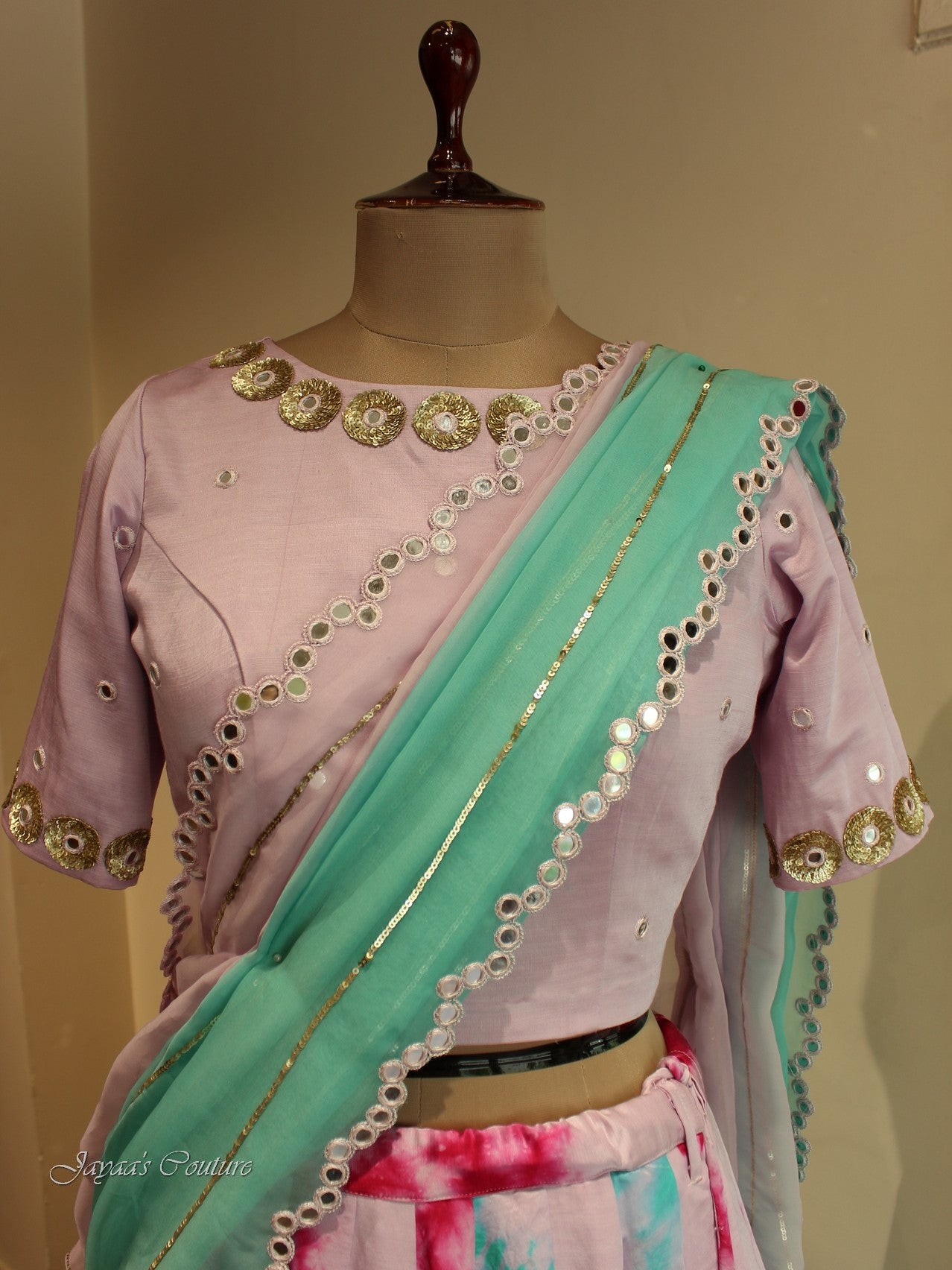Lavender tie & dye lehenga with blouse & draped dupatta