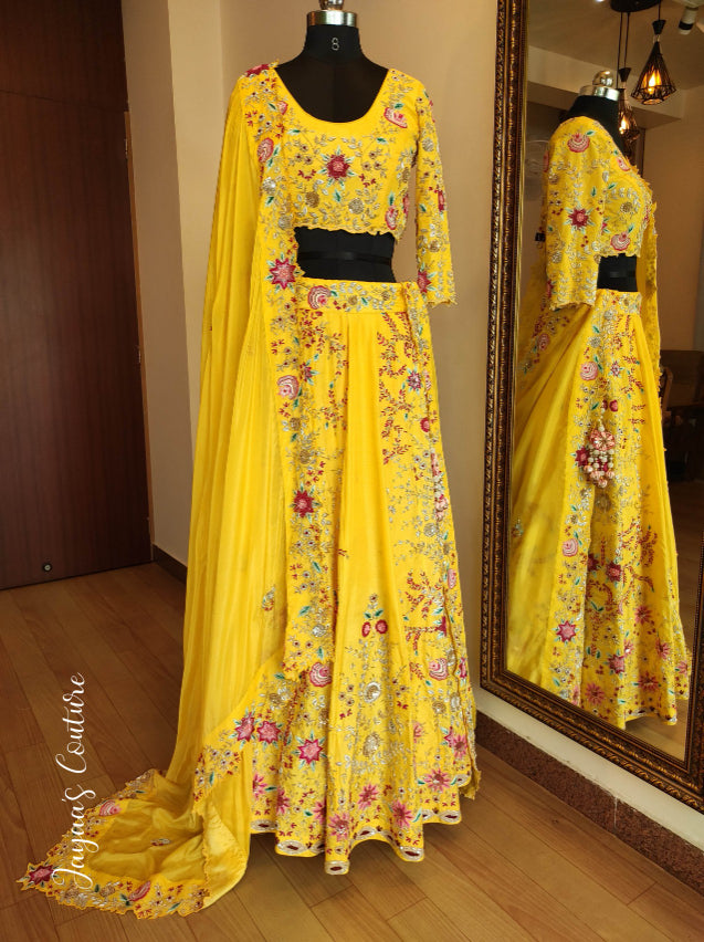 Yellow thread work and zardosi lehenga set