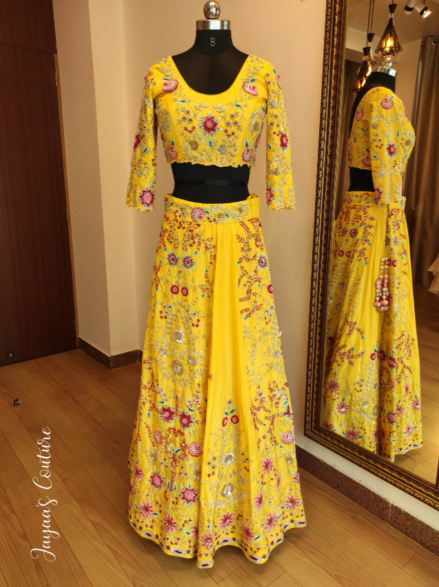 Yellow thread work and zardosi lehenga set