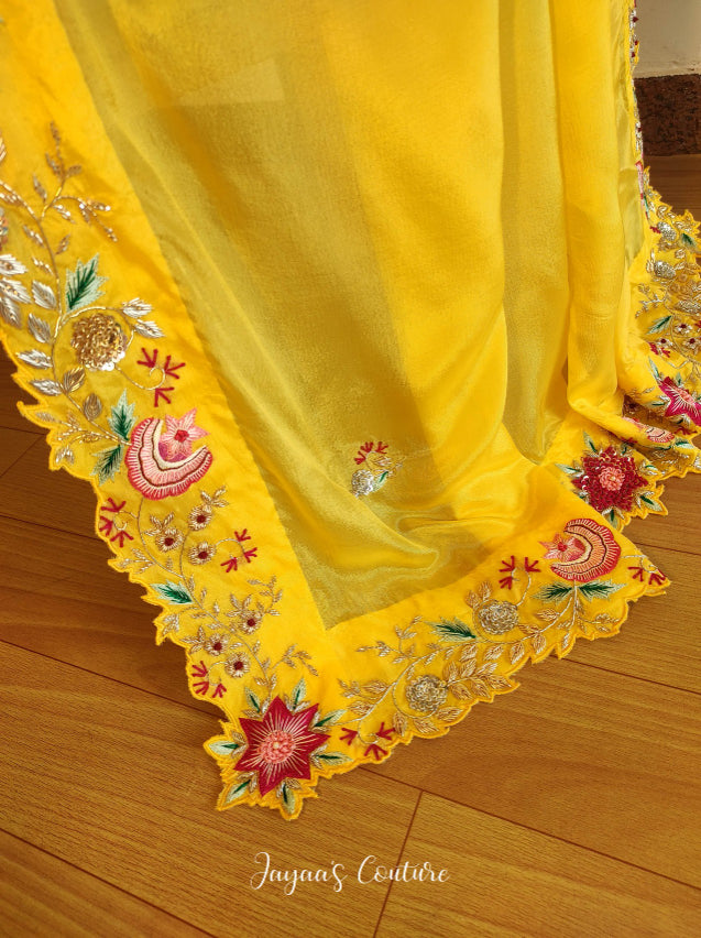 Yellow thread work and zardosi lehenga set