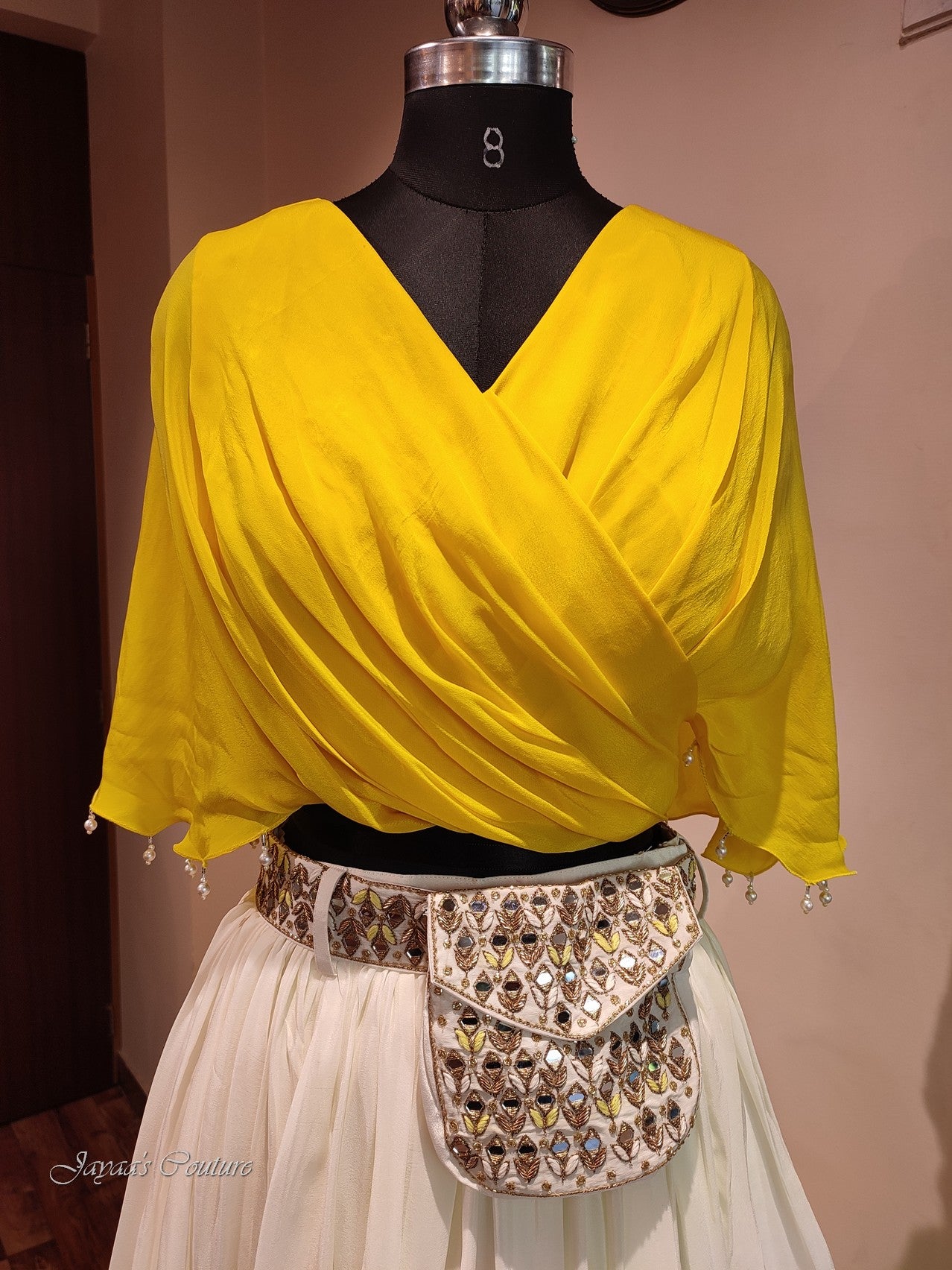 Yellow off white shaded crop top with skirt