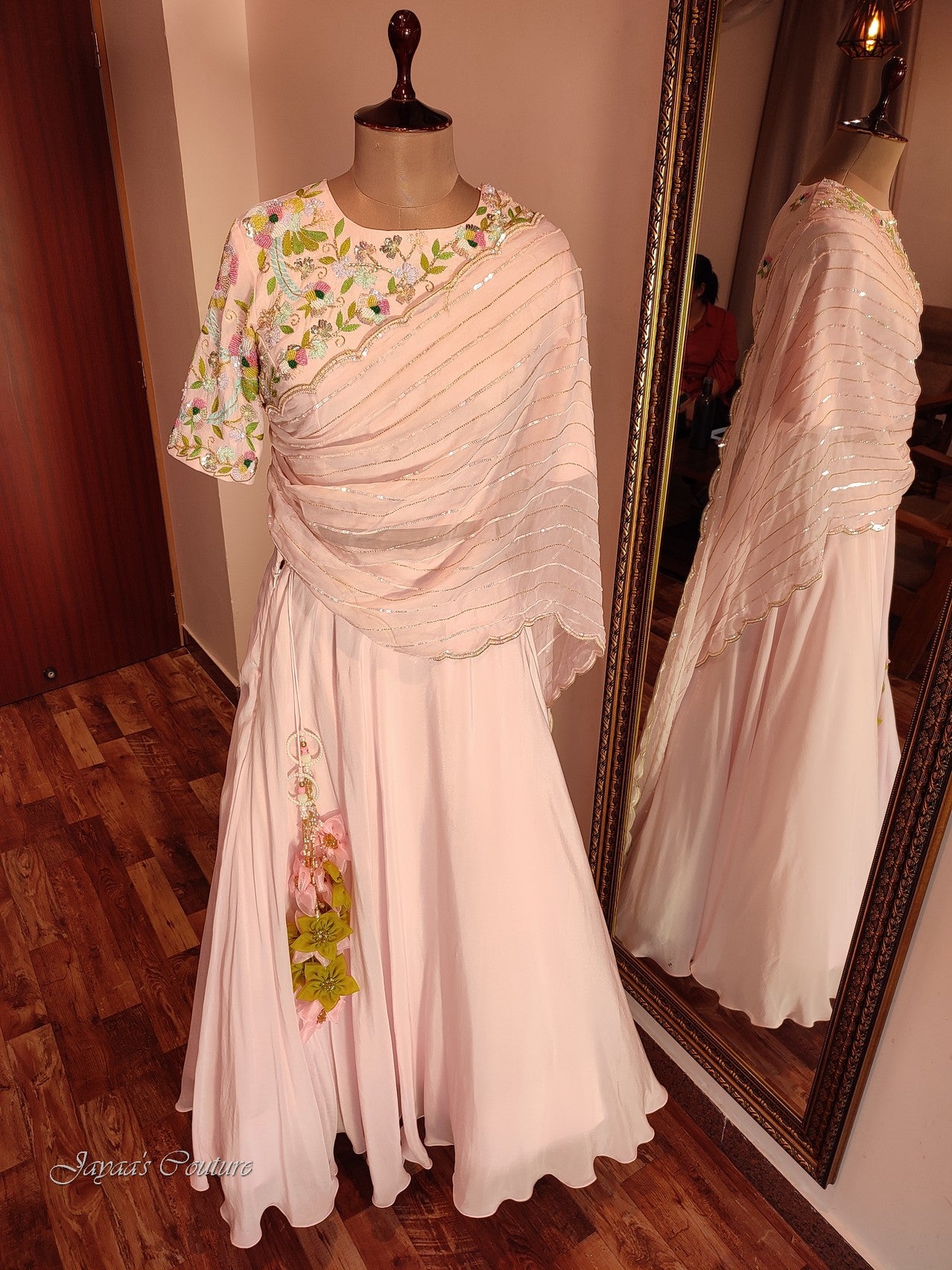 Powder pink lehenga set with drape dupatta