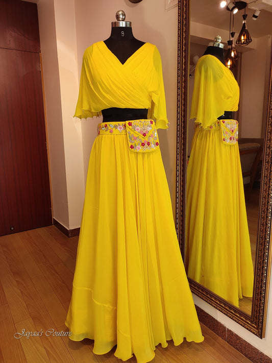 Yellow crop top with belt & pouch