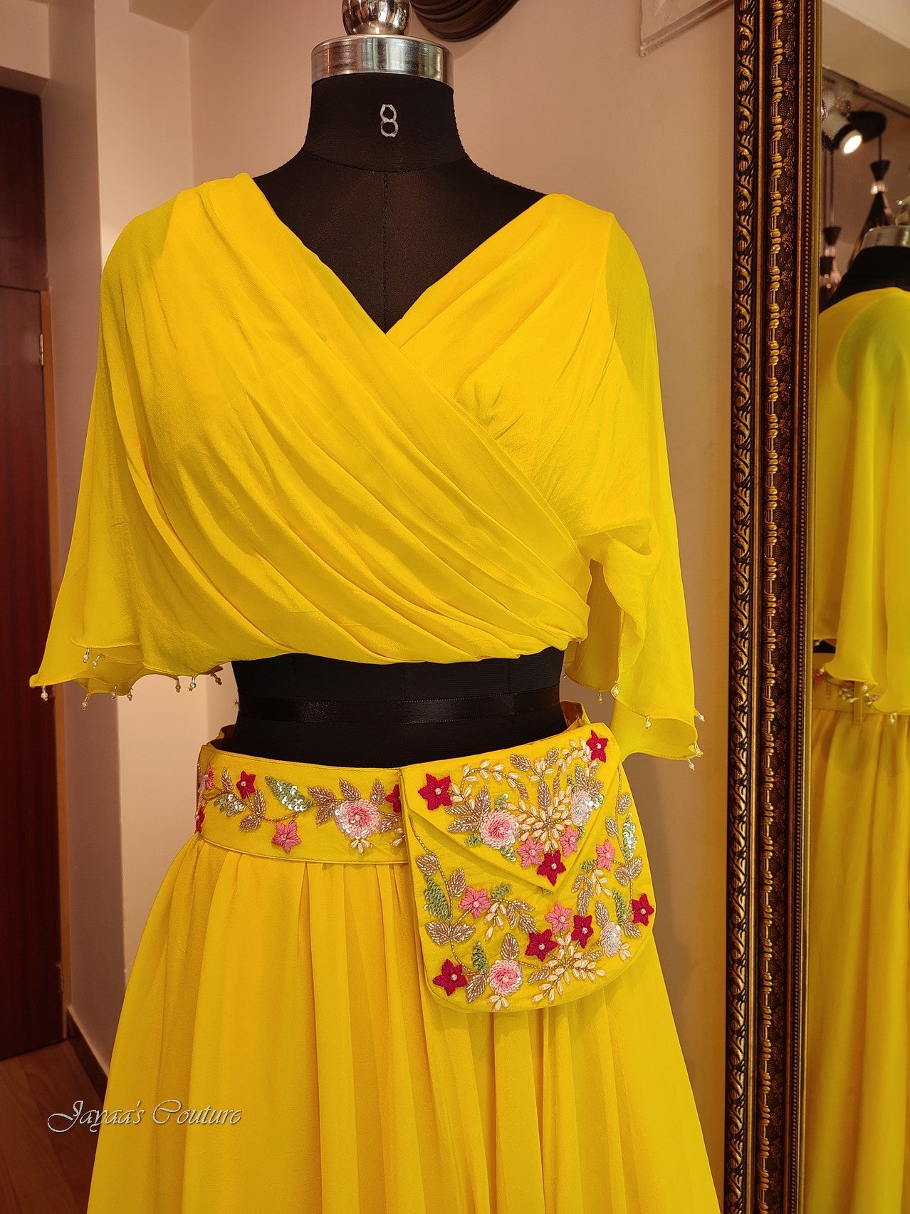 Yellow crop top with belt & pouch