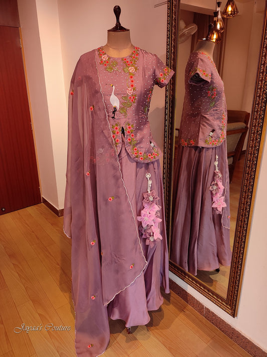 Mauve top with skirt and dupatta