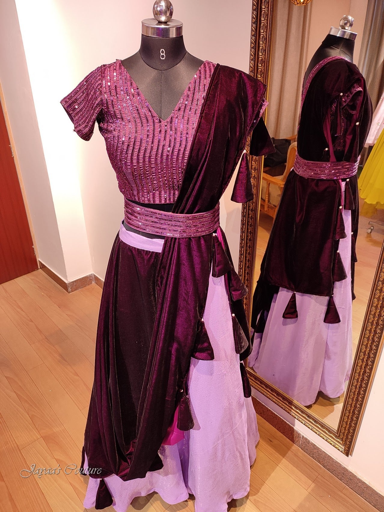 Wine blouse withskirt and velvet drape