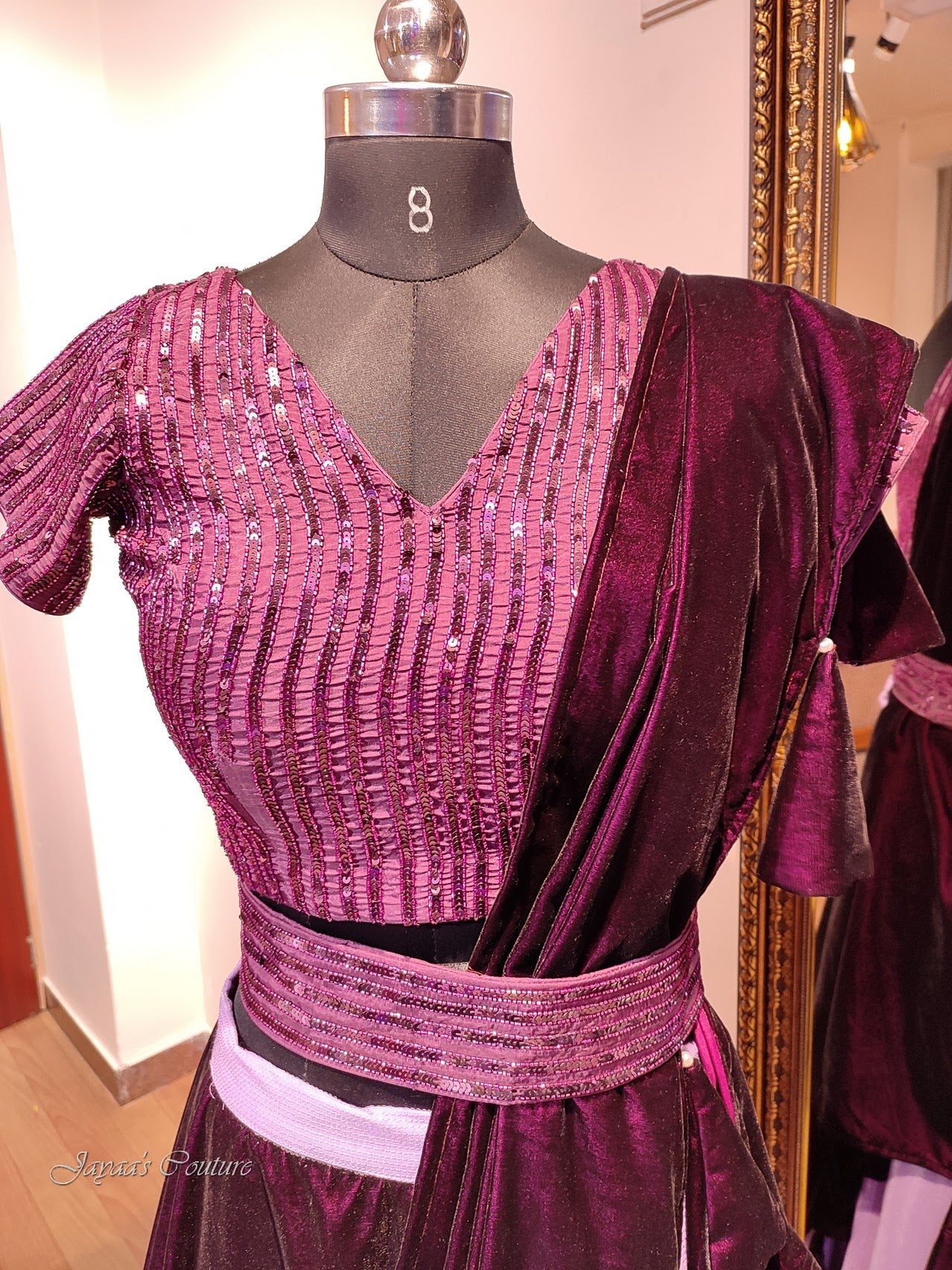 Wine blouse withskirt and velvet drape