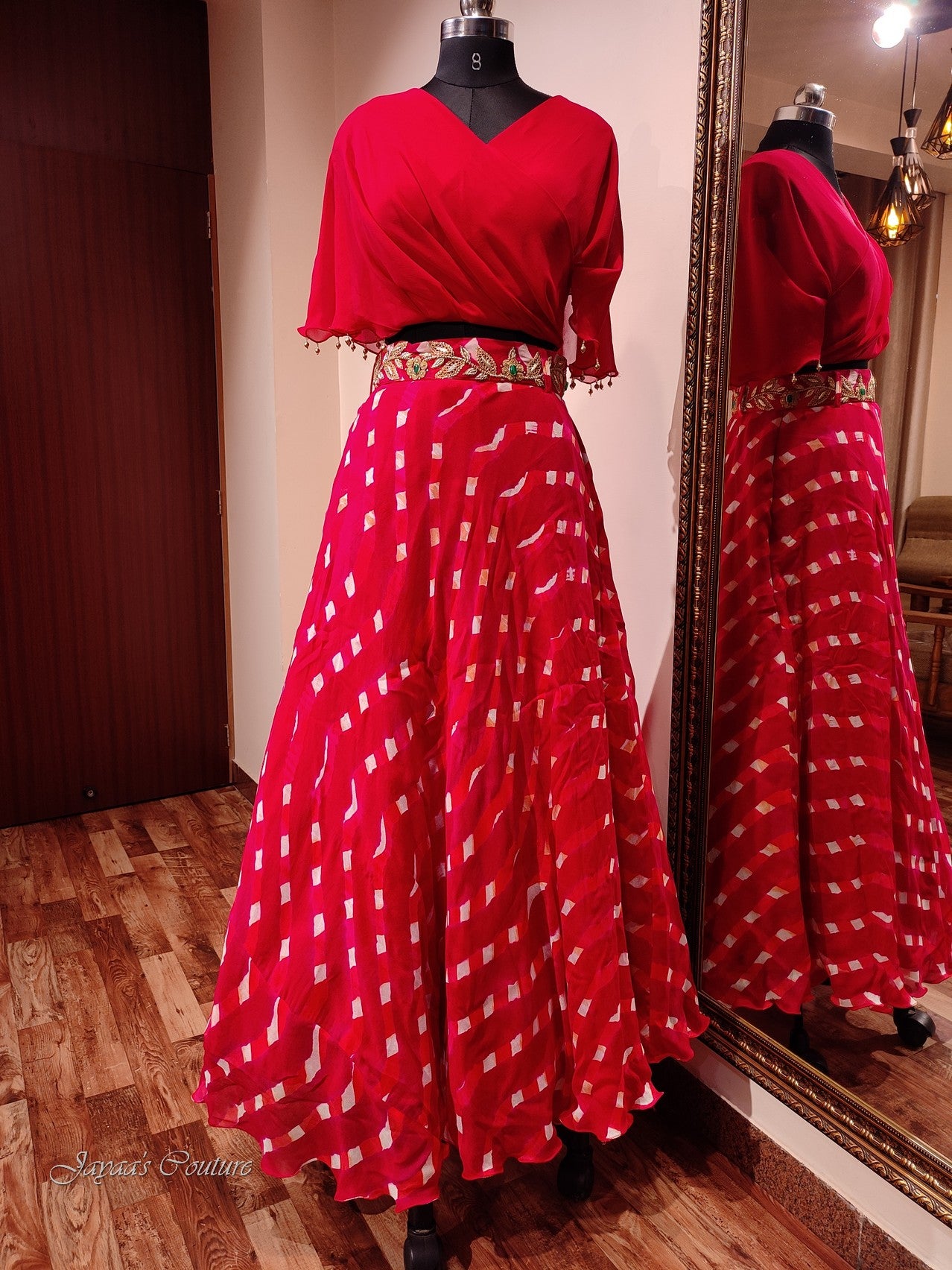 red Leheriya croptop with skirt