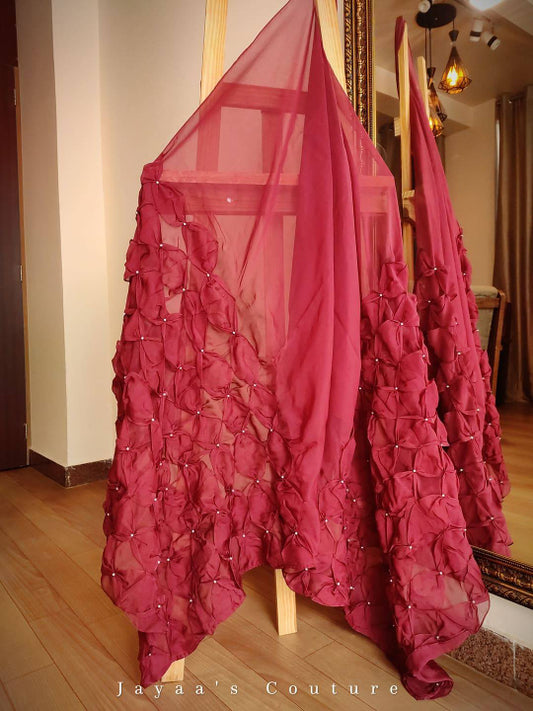 Maroon bow ruffled Organza dupatta