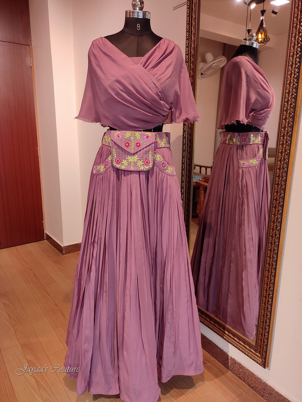 Mauve crop top with belt & pouch & dupatta