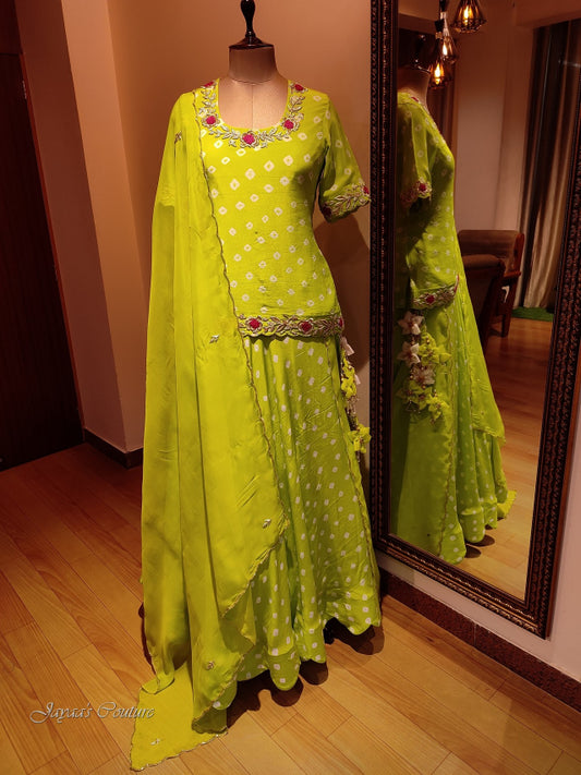 Lemon green bandhani kurti skirt and dupatta