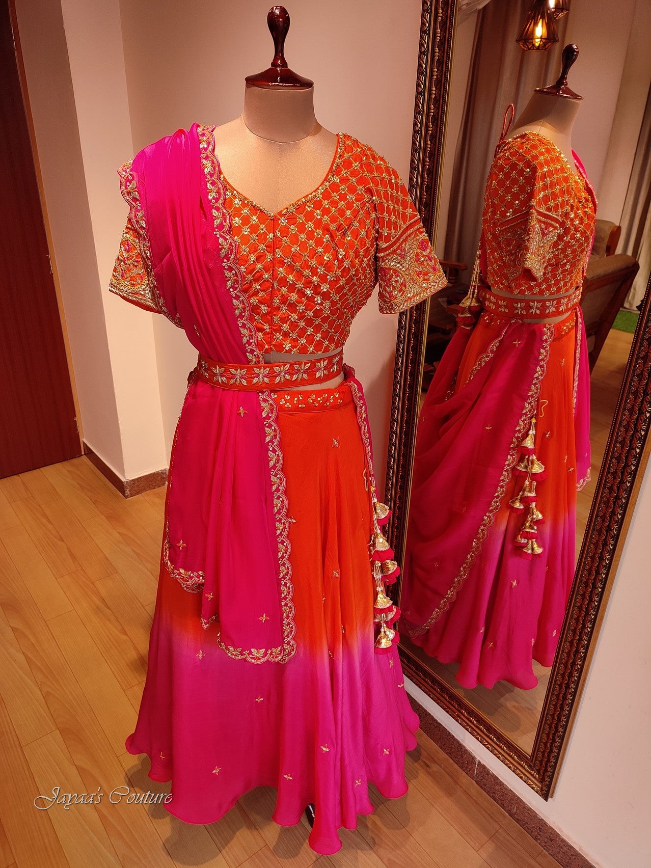 Pink Orange shaded Lehenga set with dupatta and belt