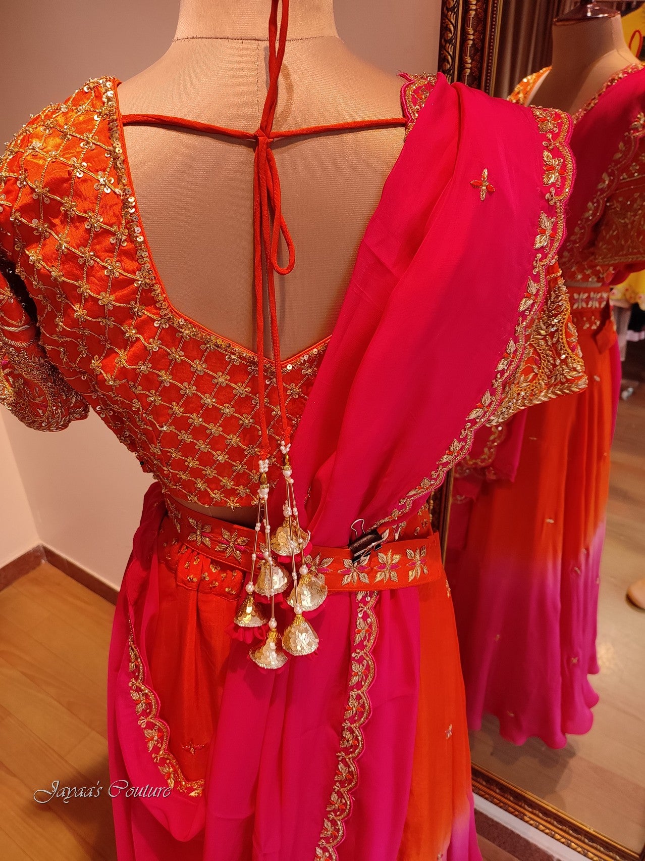 Pink Orange shaded Lehenga set with dupatta and belt