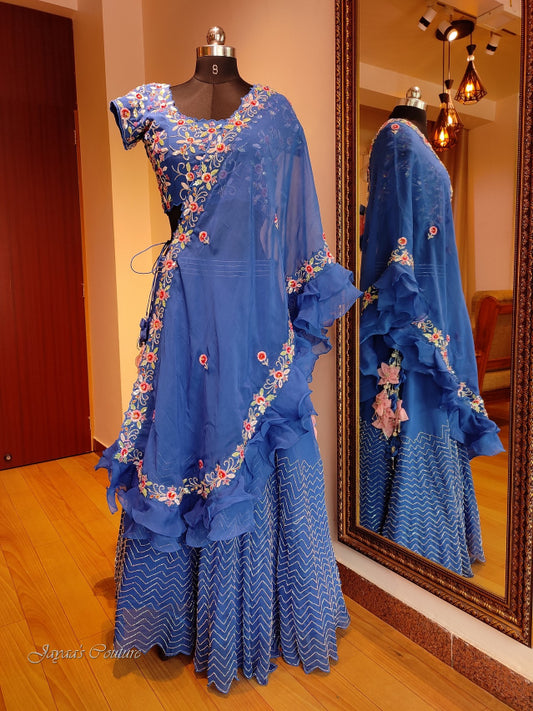 Blue lehenga with blouse and draped dupatta