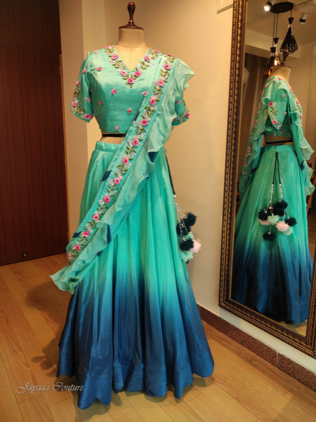 Greenish Blue Ombre Lehenga & Drape Dupatta