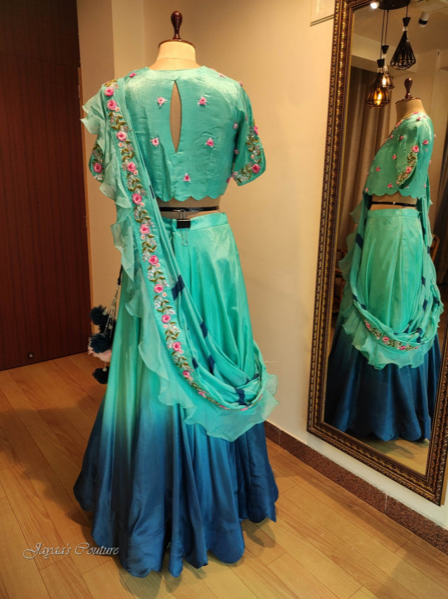 Greenish Blue Ombre Lehenga & Drape Dupatta