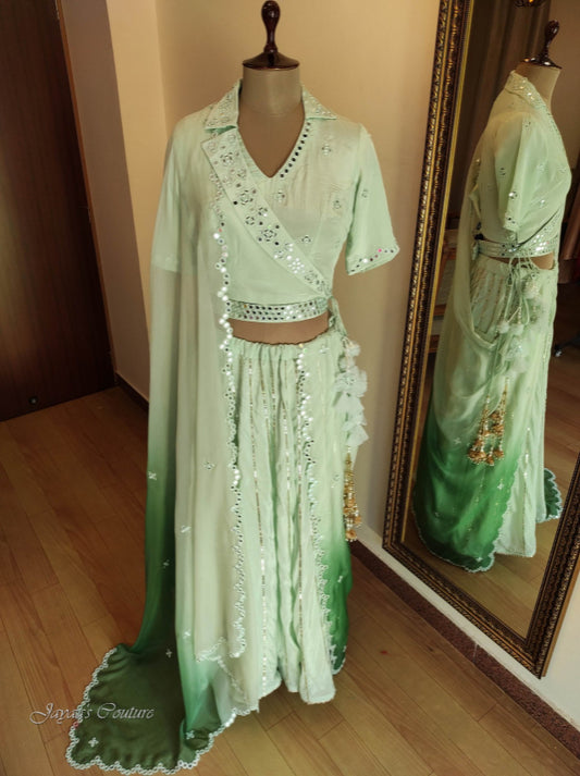 Dusty green lehenga blouse & ombre dupatta