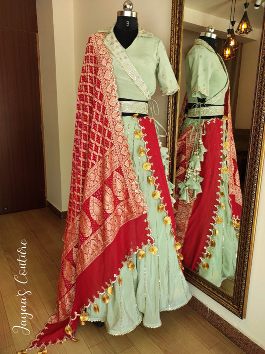 Pastel pista green angrakha blouse with lehenga and dupatta