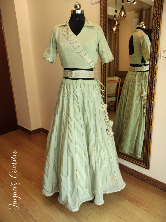 Pastel pista green angrakha blouse with lehenga and dupatta