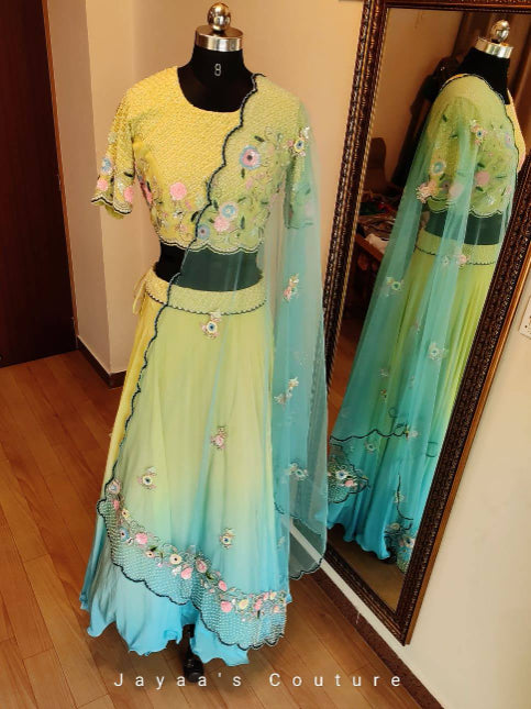 Pastel green blue shaded lehenga set