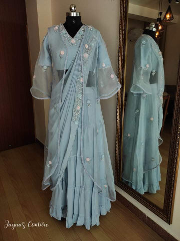 Powder Blue Drape lehenga set with shrug