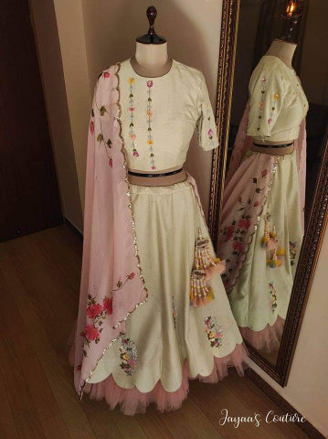 Pastel green lehenga blouse with pink dupatta