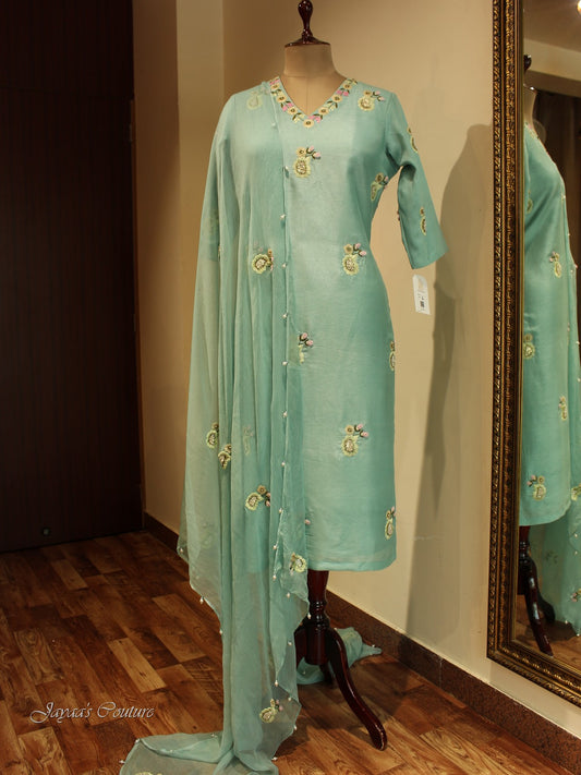 Pastel green kurta pants with dupatta