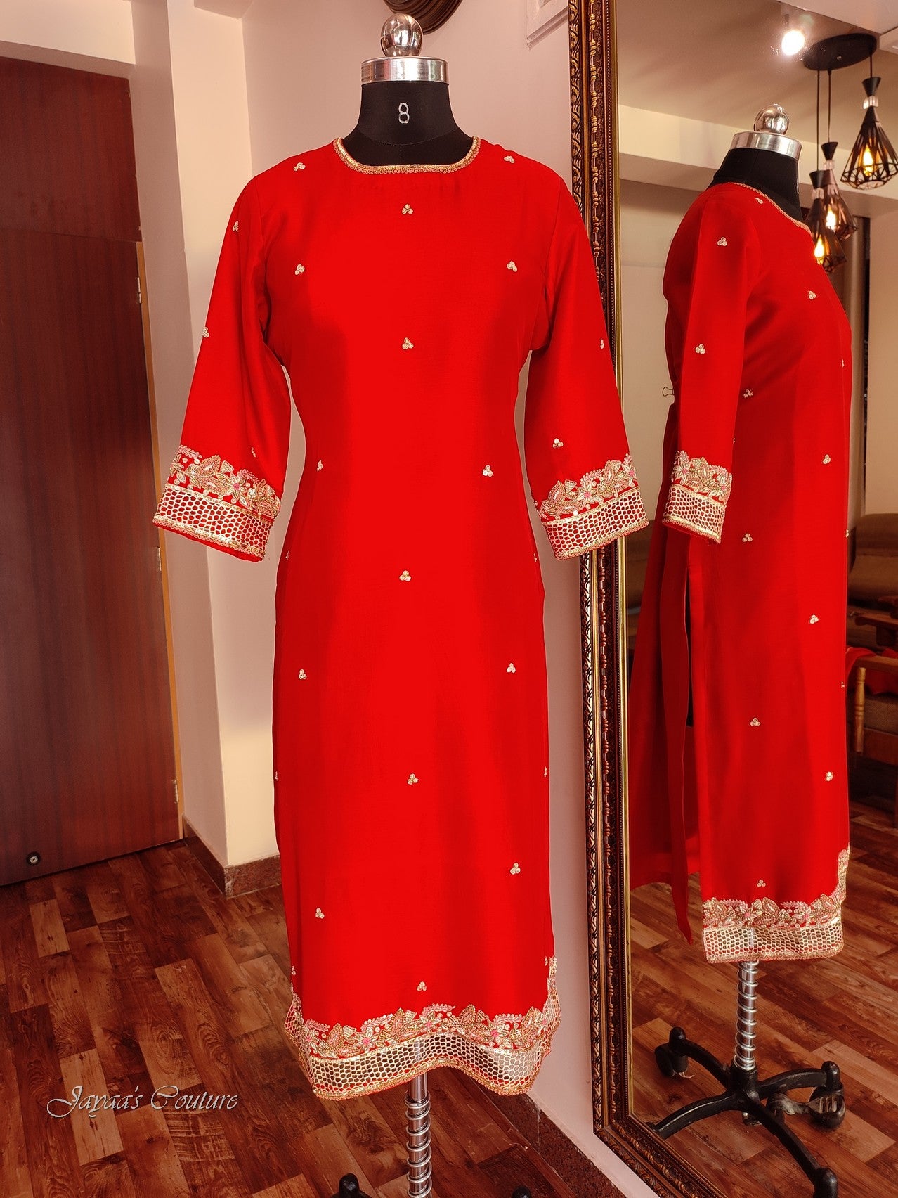 Red zardosi kurta with pants and dupatta