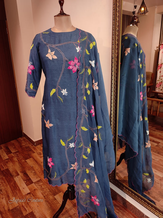 Peacock blue applique kurta pants dupatta