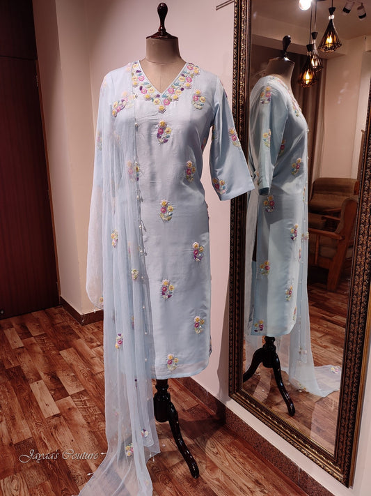 Powder blue kurta pants with dupatta