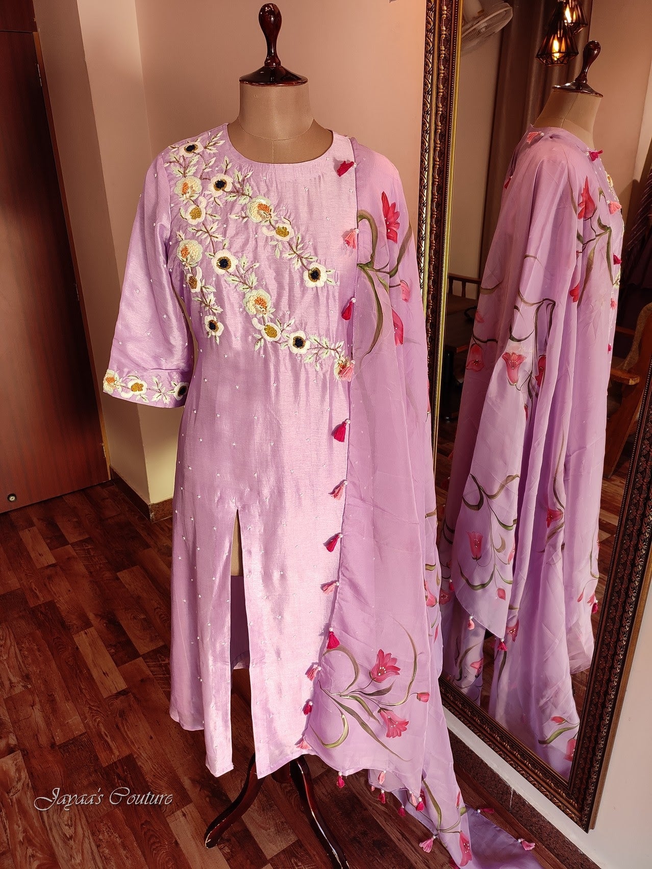 pastel lavender kurta and pants with hand painted dupatta